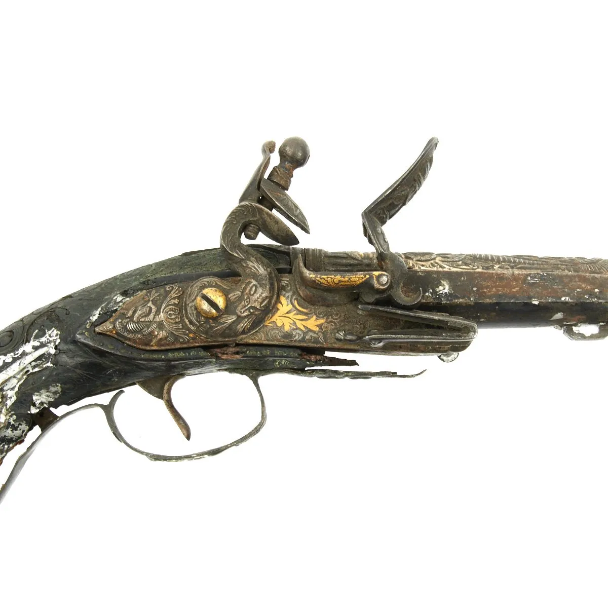 Original French Napoleonic Battlefield Pickup Fire-Damaged High Art Flintlock Pistol c.1800