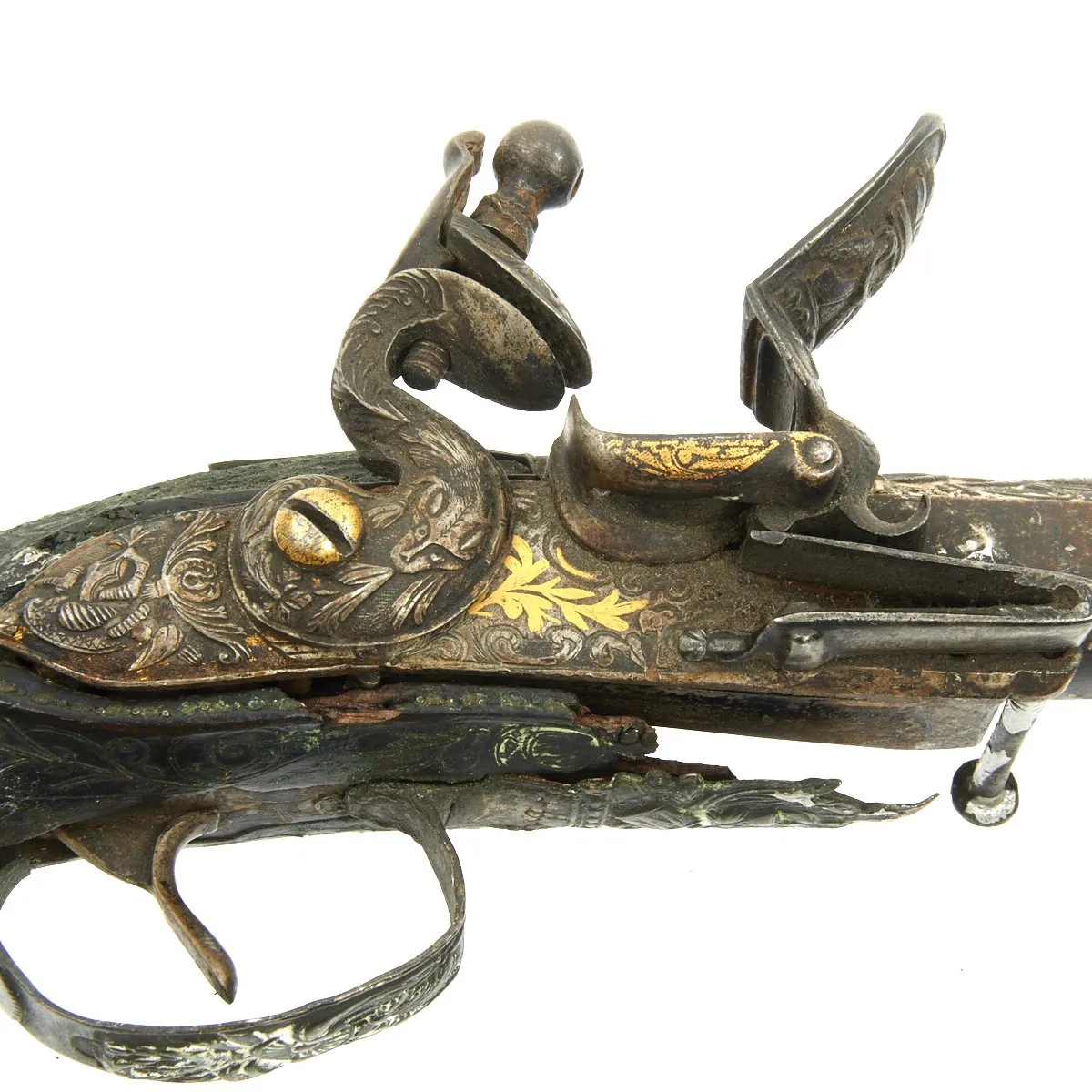 Original French Napoleonic Battlefield Pickup Fire-Damaged High Art Flintlock Pistol c.1800