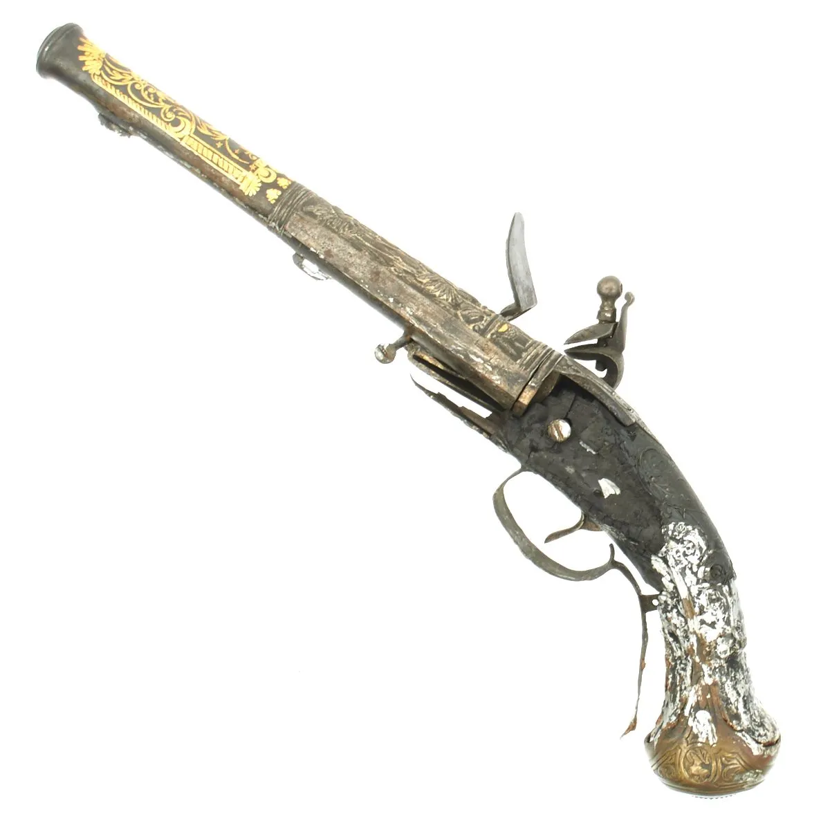 Original French Napoleonic Battlefield Pickup Fire-Damaged High Art Flintlock Pistol c.1800