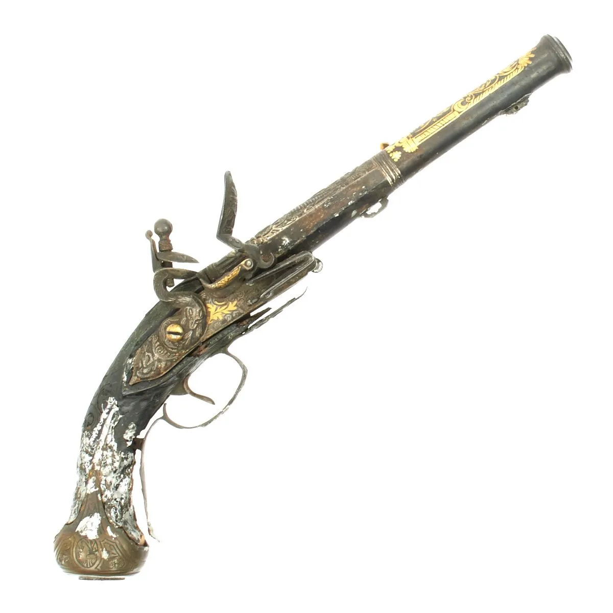 Original French Napoleonic Battlefield Pickup Fire-Damaged High Art Flintlock Pistol c.1800