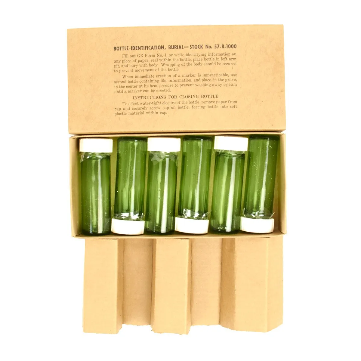 Original U.S. WWII QM Graves Registration Burial Identification Bottle Set of 6 in Box Stock No. 57-B-1000
