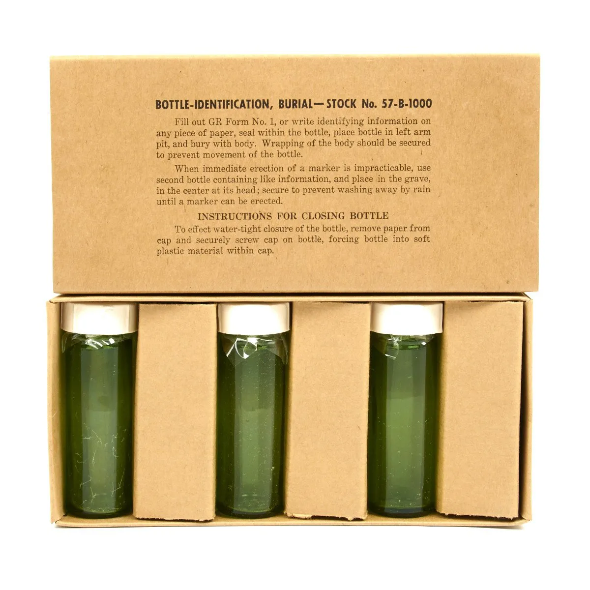 Original U.S. WWII QM Graves Registration Burial Identification Bottle Set of 6 in Box Stock No. 57-B-1000