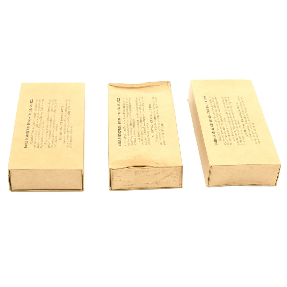 Original U.S. WWII QM Graves Registration Burial Identification Bottle Set of 6 in Box Stock No. 57-B-1000