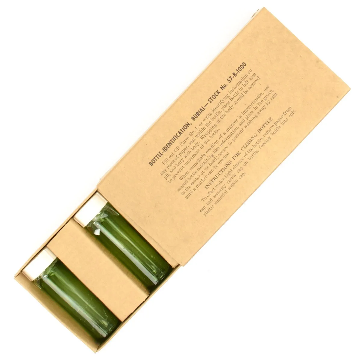 Original U.S. WWII QM Graves Registration Burial Identification Bottle Set of 6 in Box Stock No. 57-B-1000