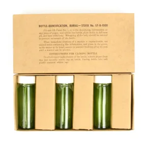 Original U.S. WWII QM Graves Registration Burial Identification Bottle Set of 6 in Box Stock No. 57-B-1000