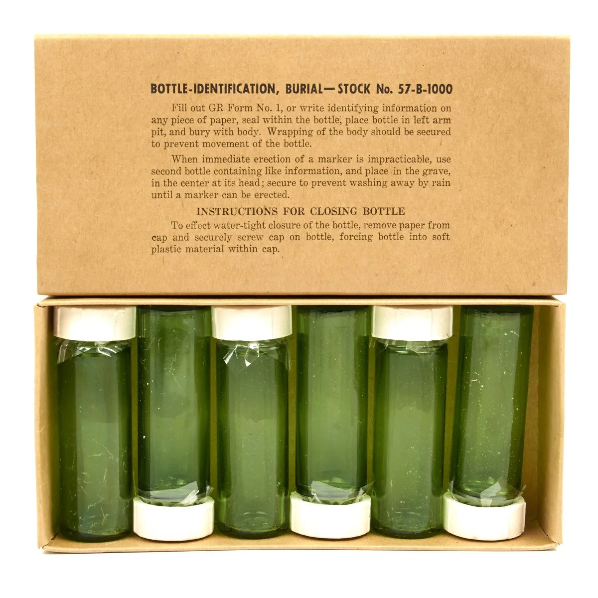Original U.S. WWII QM Graves Registration Burial Identification Bottle Set of 6 in Box Stock No. 57-B-1000