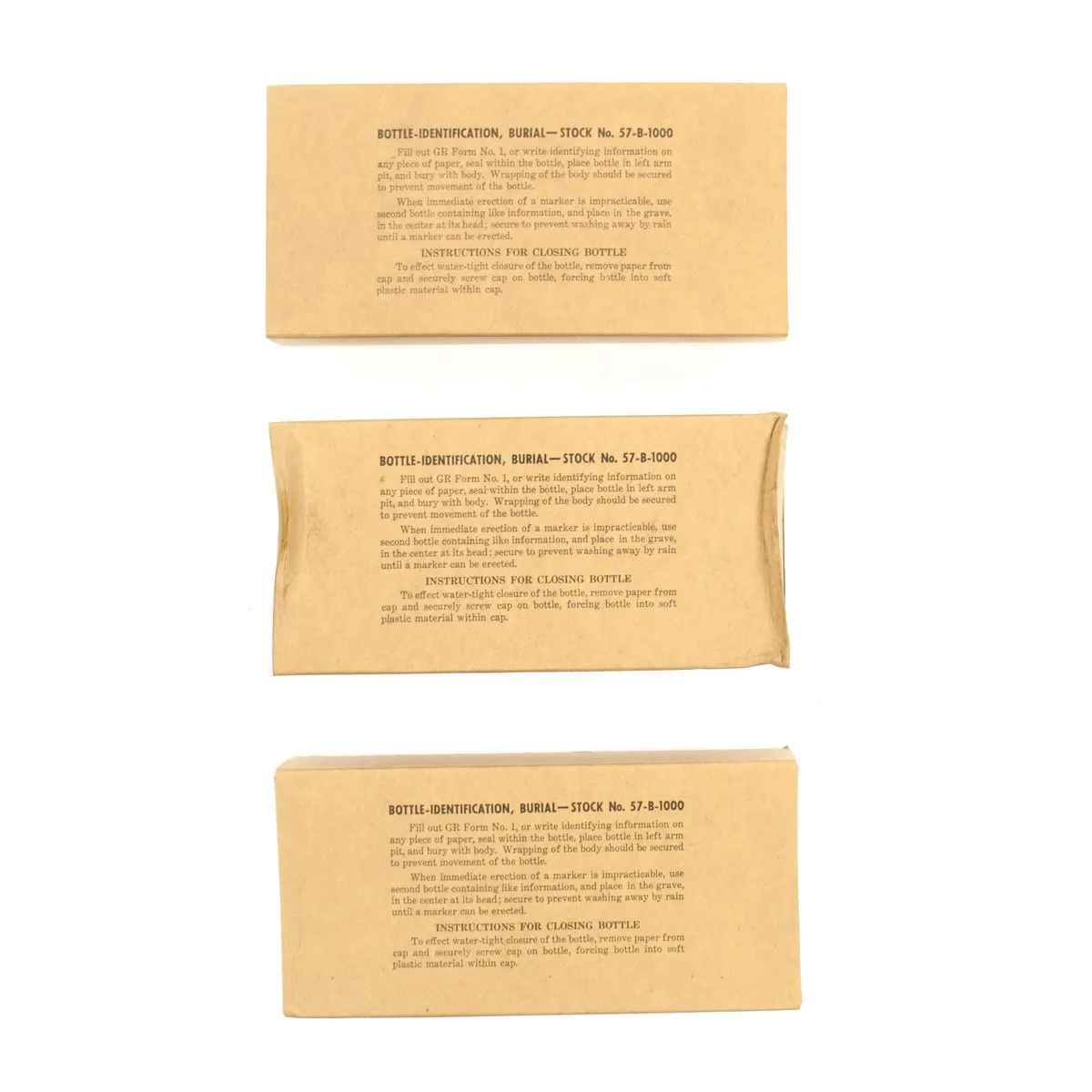 Original U.S. WWII QM Graves Registration Burial Identification Bottle Set of 6 in Box Stock No. 57-B-1000