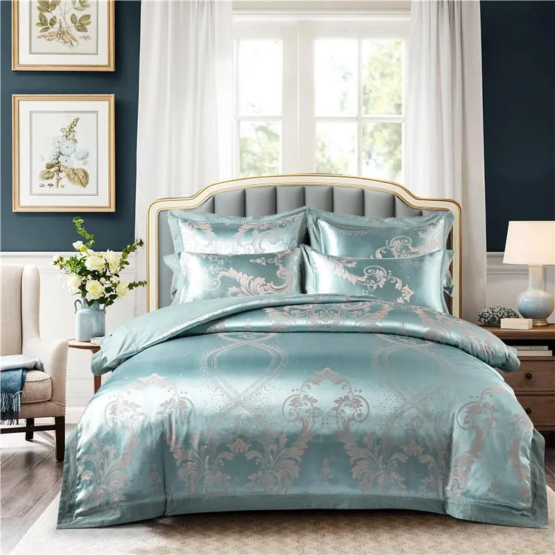 Pale Turquoise Satin Jacquard Luxury Bedding Set