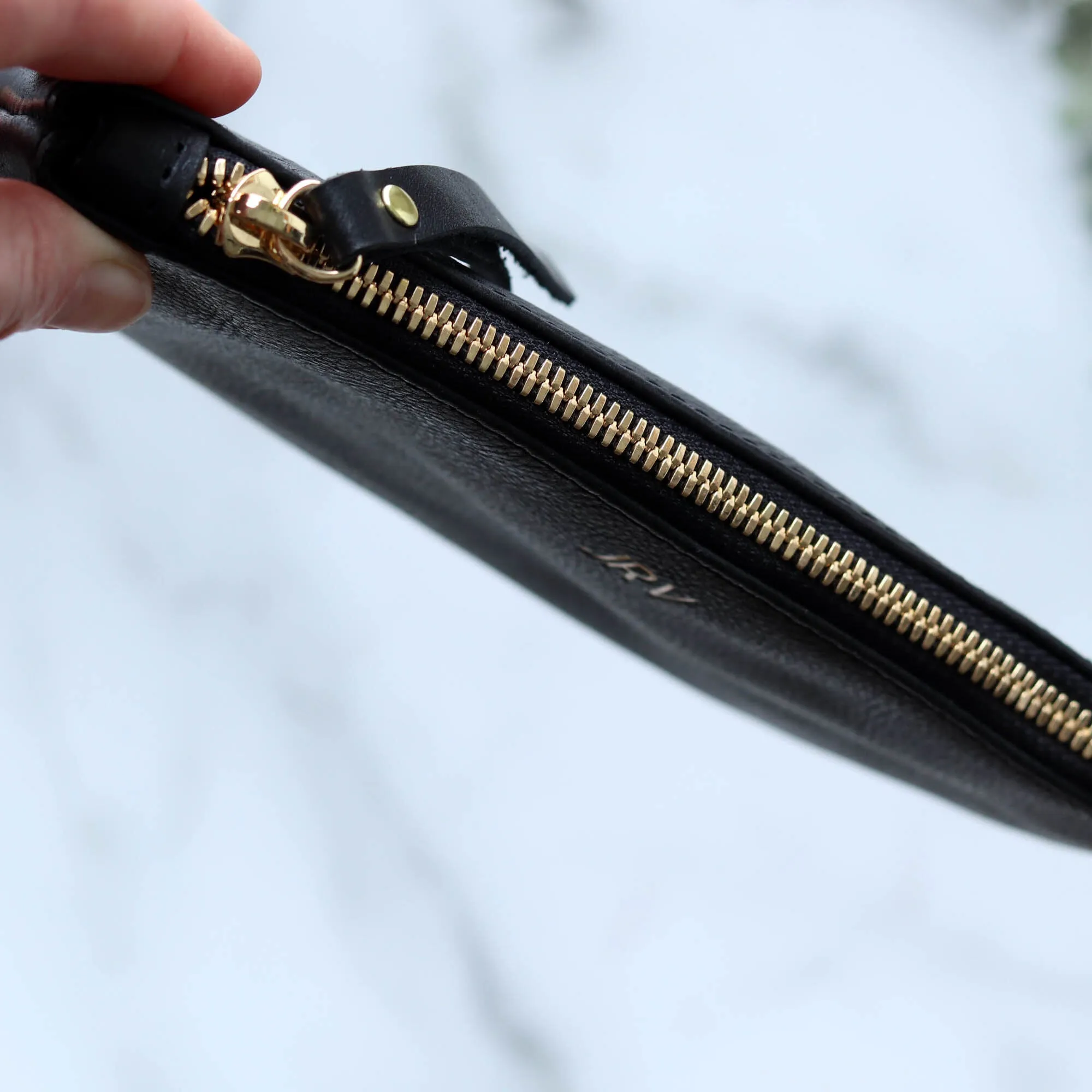 Personalized Leather Zip Clutch - Black