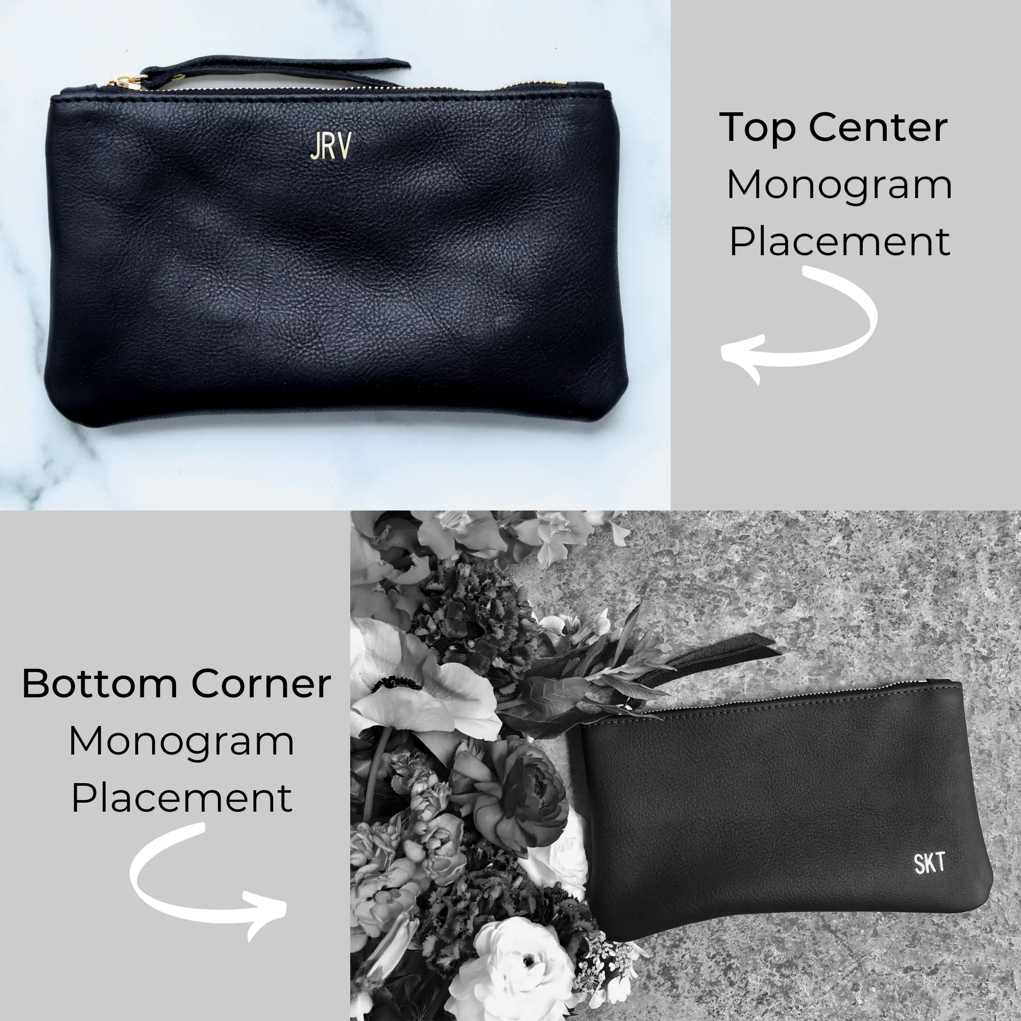 Personalized Leather Zip Clutch - Black