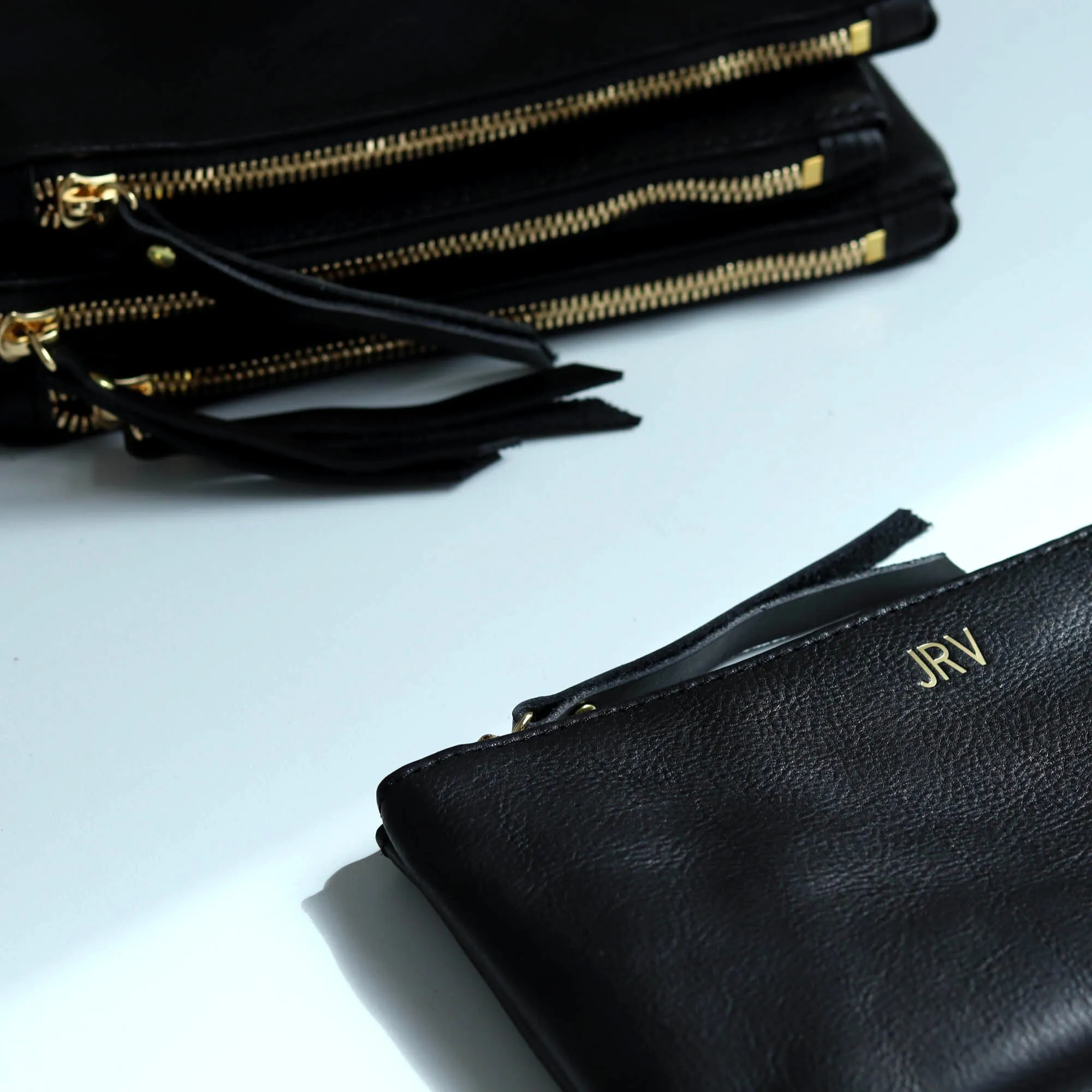 Personalized Leather Zip Clutch - Black
