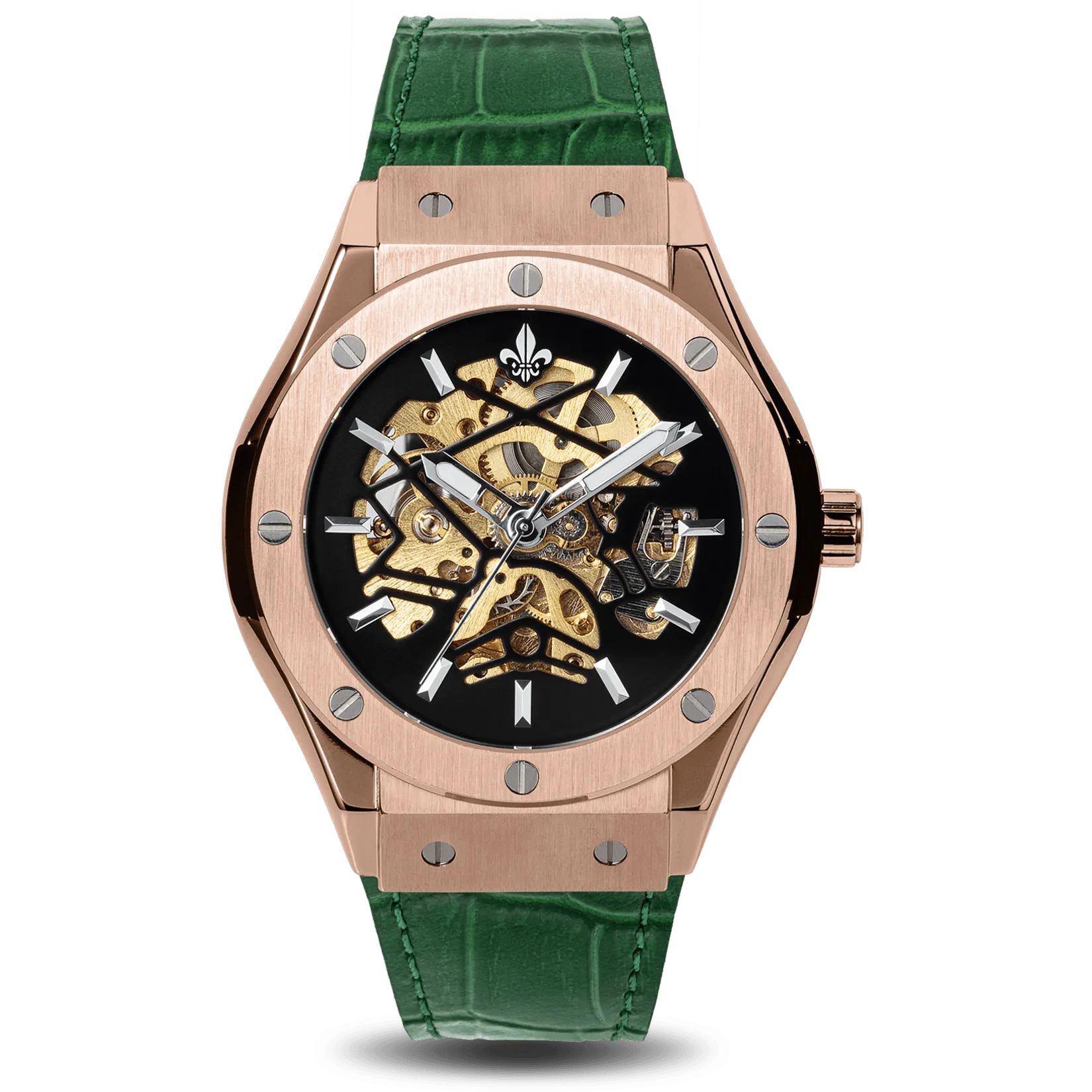 Prague Skeleton Automatic Deluxe - Rose Gold   Green Leather Strap