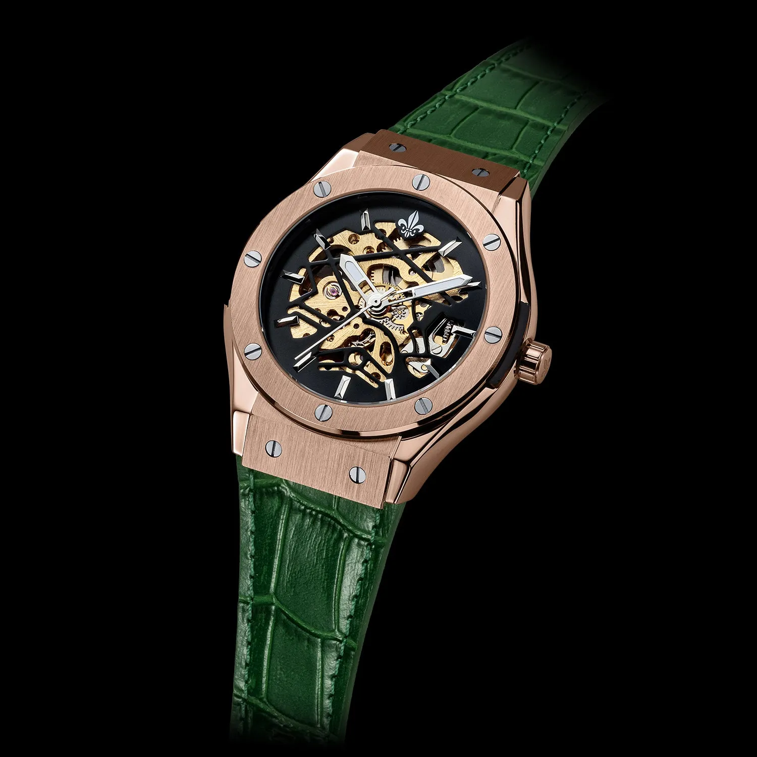 Prague Skeleton Automatic Deluxe - Rose Gold   Green Leather Strap