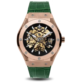 Prague Skeleton Automatic Deluxe - Rose Gold   Green Leather Strap