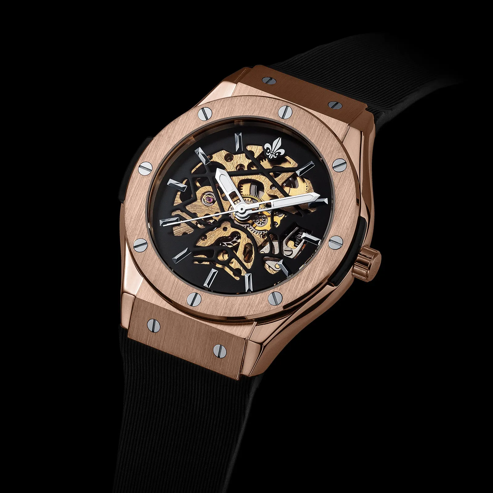 Prague Skeleton Automatic Deluxe - Rose Gold   Green Leather Strap