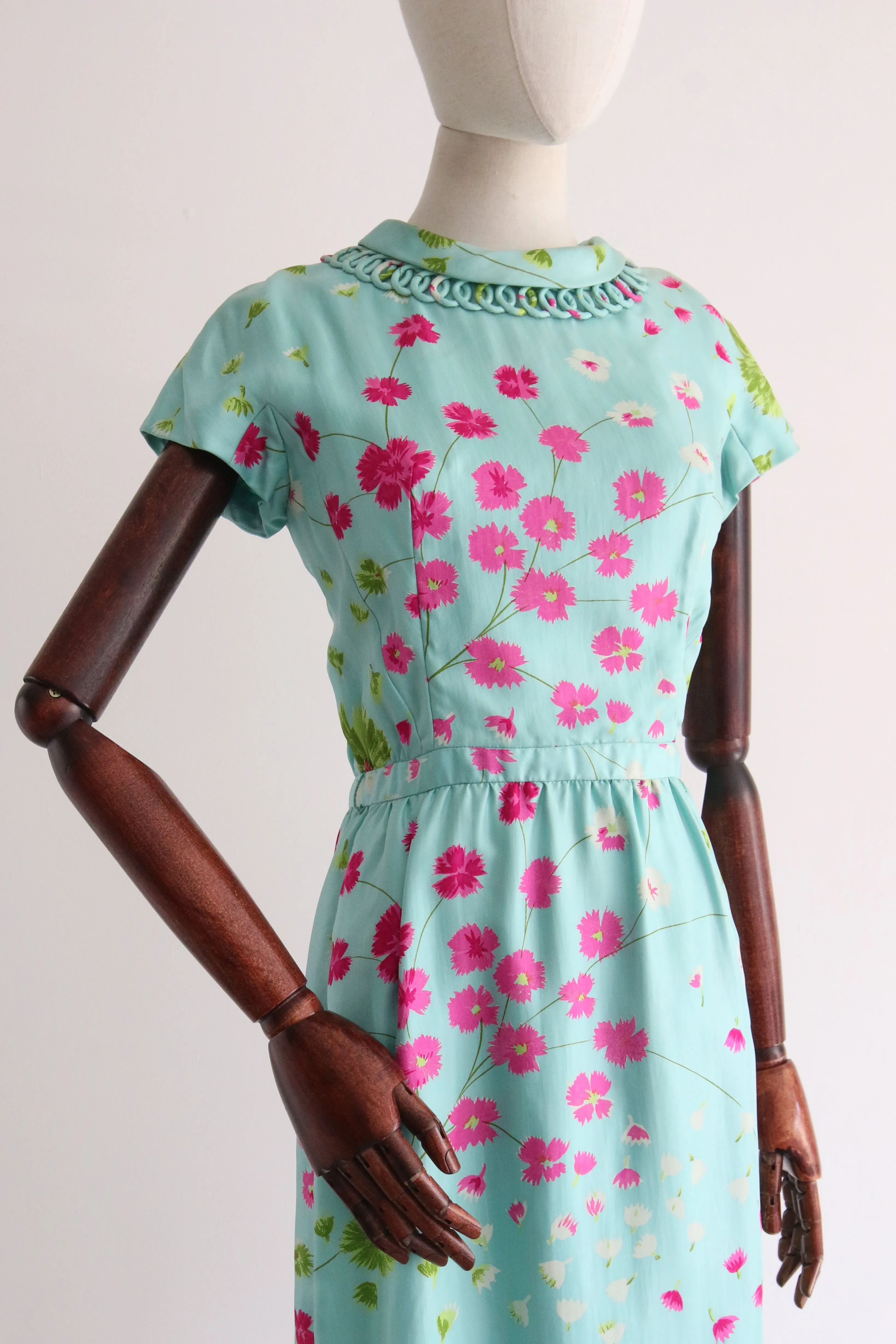 "Fuchsias In The Wind" Vintage 1950's Twill Silk Floral Dress UK 8 US 4