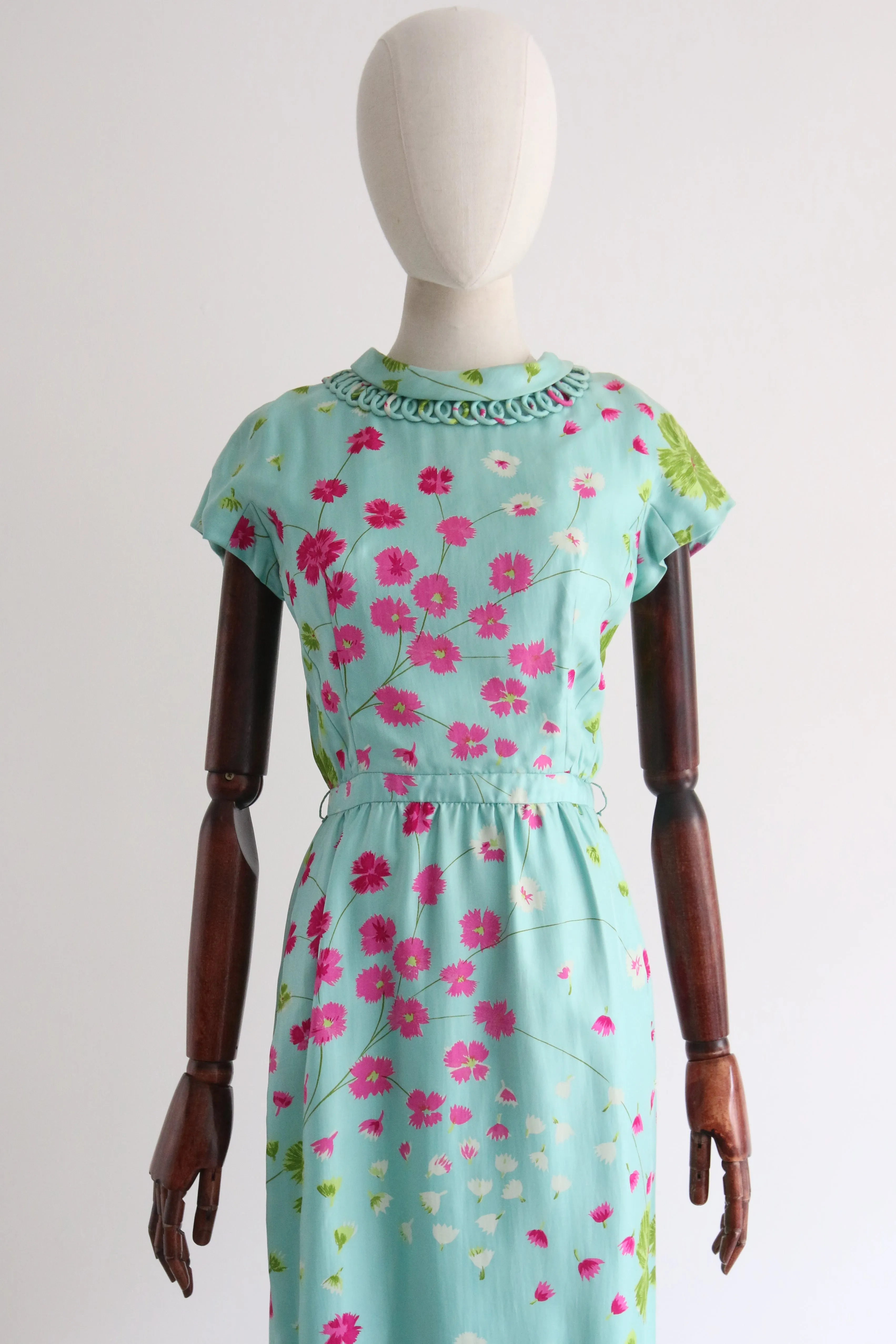 "Fuchsias In The Wind" Vintage 1950's Twill Silk Floral Dress UK 8 US 4