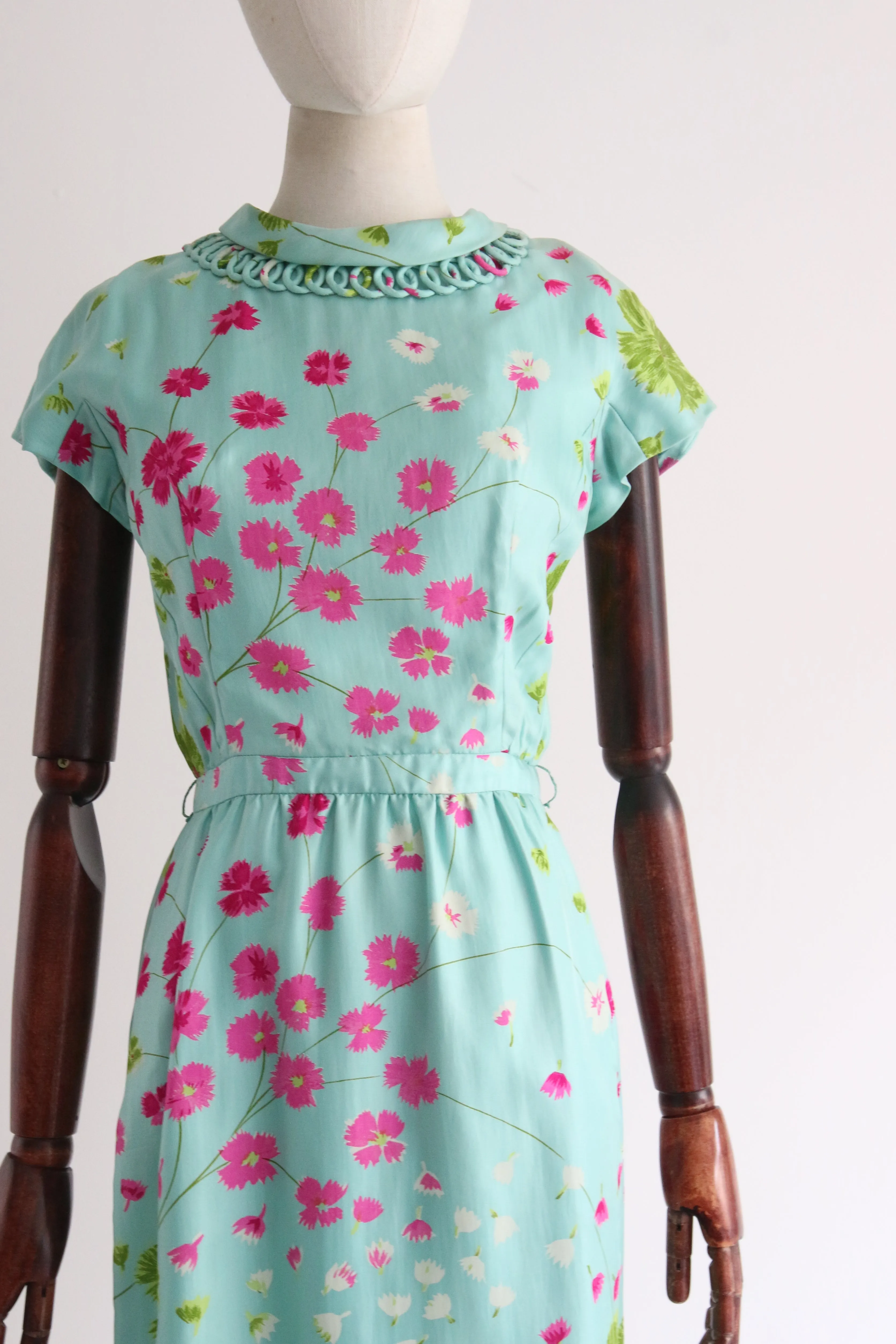 "Fuchsias In The Wind" Vintage 1950's Twill Silk Floral Dress UK 8 US 4