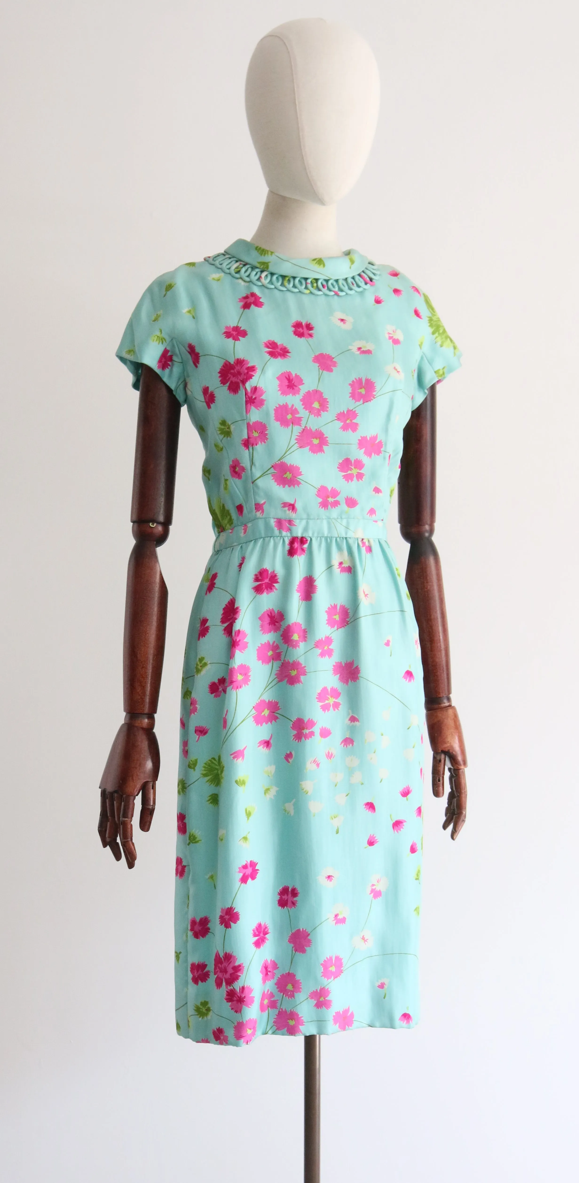 "Fuchsias In The Wind" Vintage 1950's Twill Silk Floral Dress UK 8 US 4