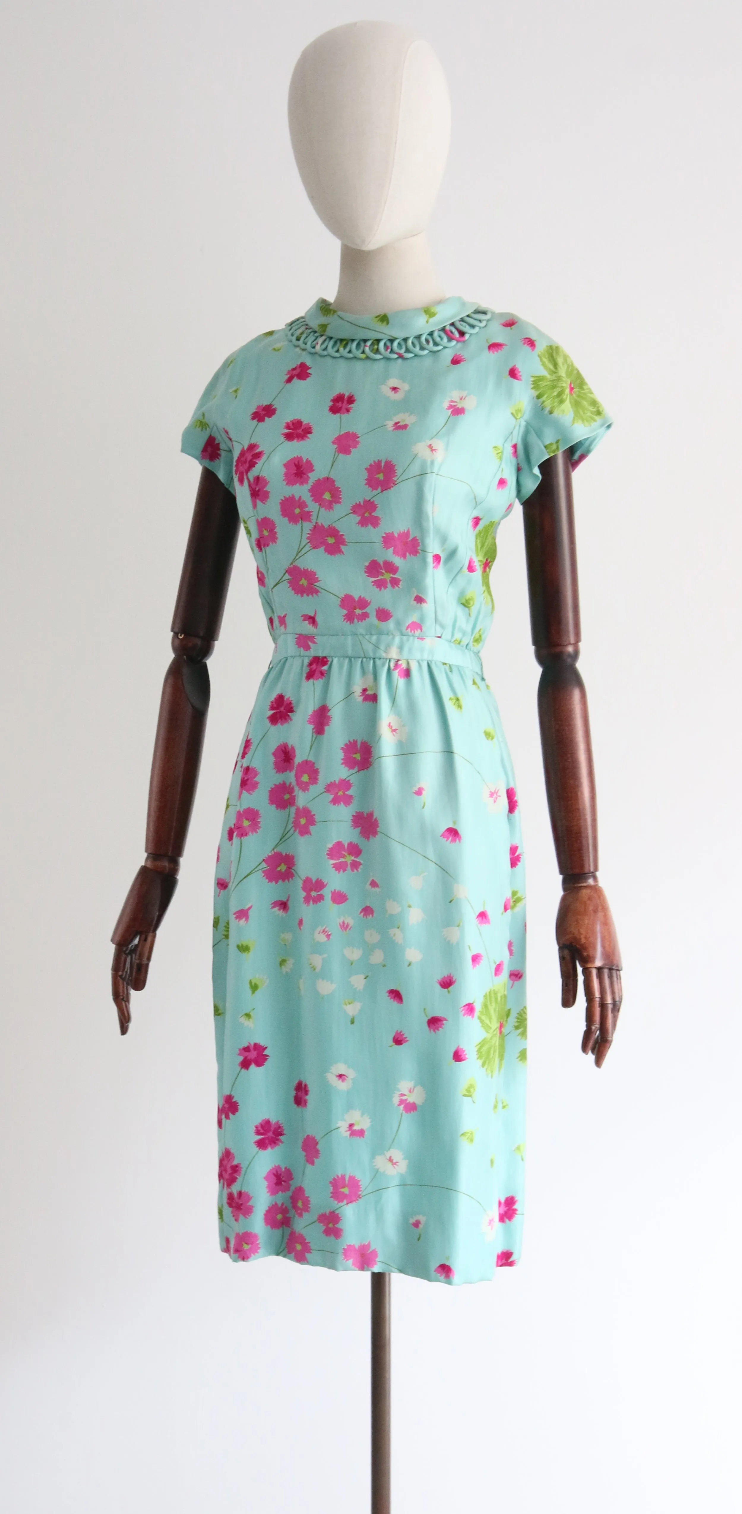 "Fuchsias In The Wind" Vintage 1950's Twill Silk Floral Dress UK 8 US 4