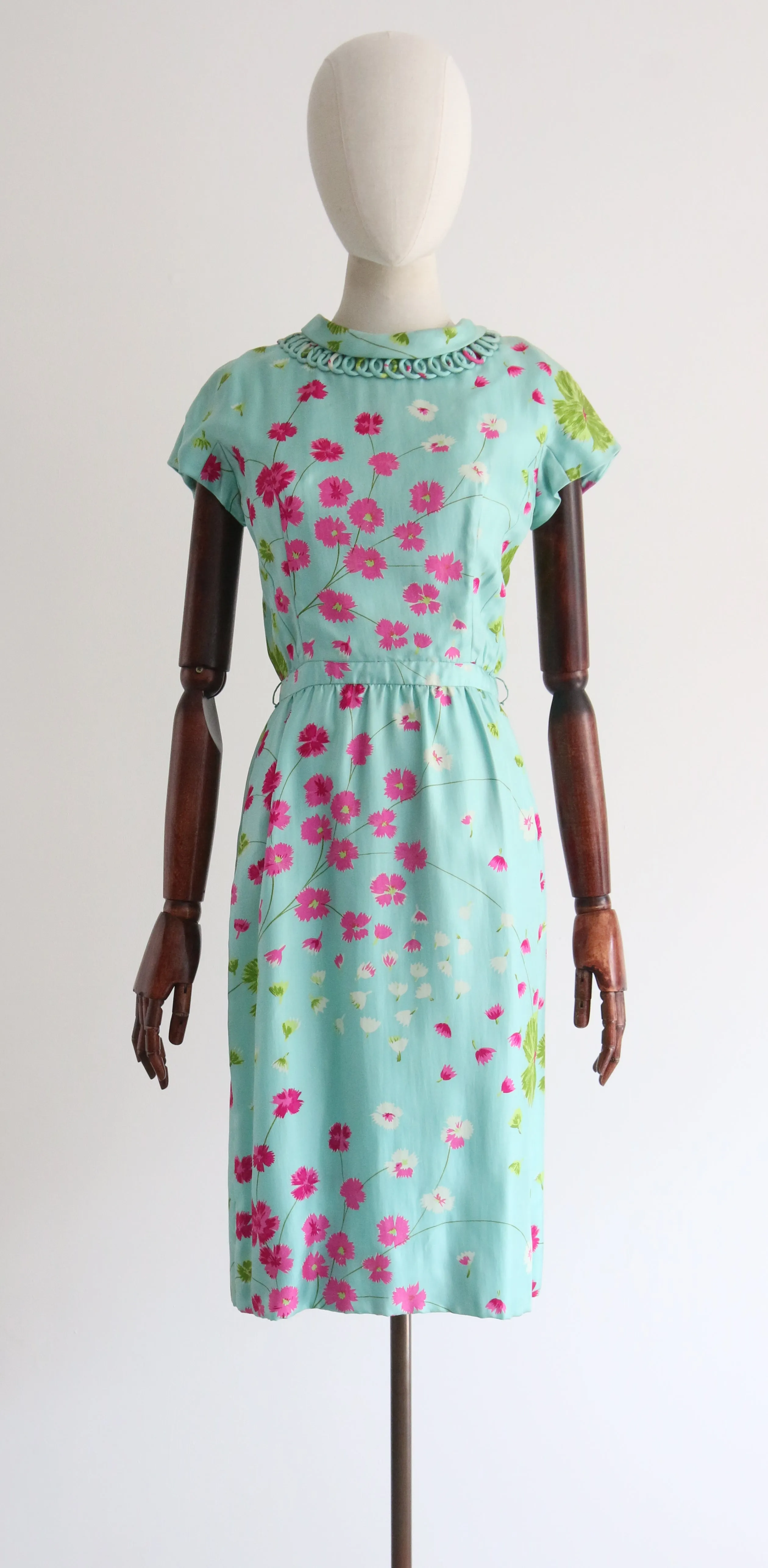 "Fuchsias In The Wind" Vintage 1950's Twill Silk Floral Dress UK 8 US 4