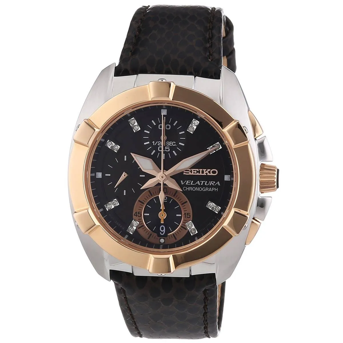 Seiko SNDZ20 Women's Velatura Black Dial Brown Leather Strap Chronograph Diamond Watch