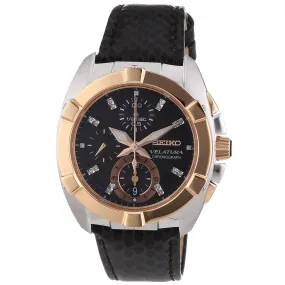 Seiko SNDZ20 Women's Velatura Black Dial Brown Leather Strap Chronograph Diamond Watch