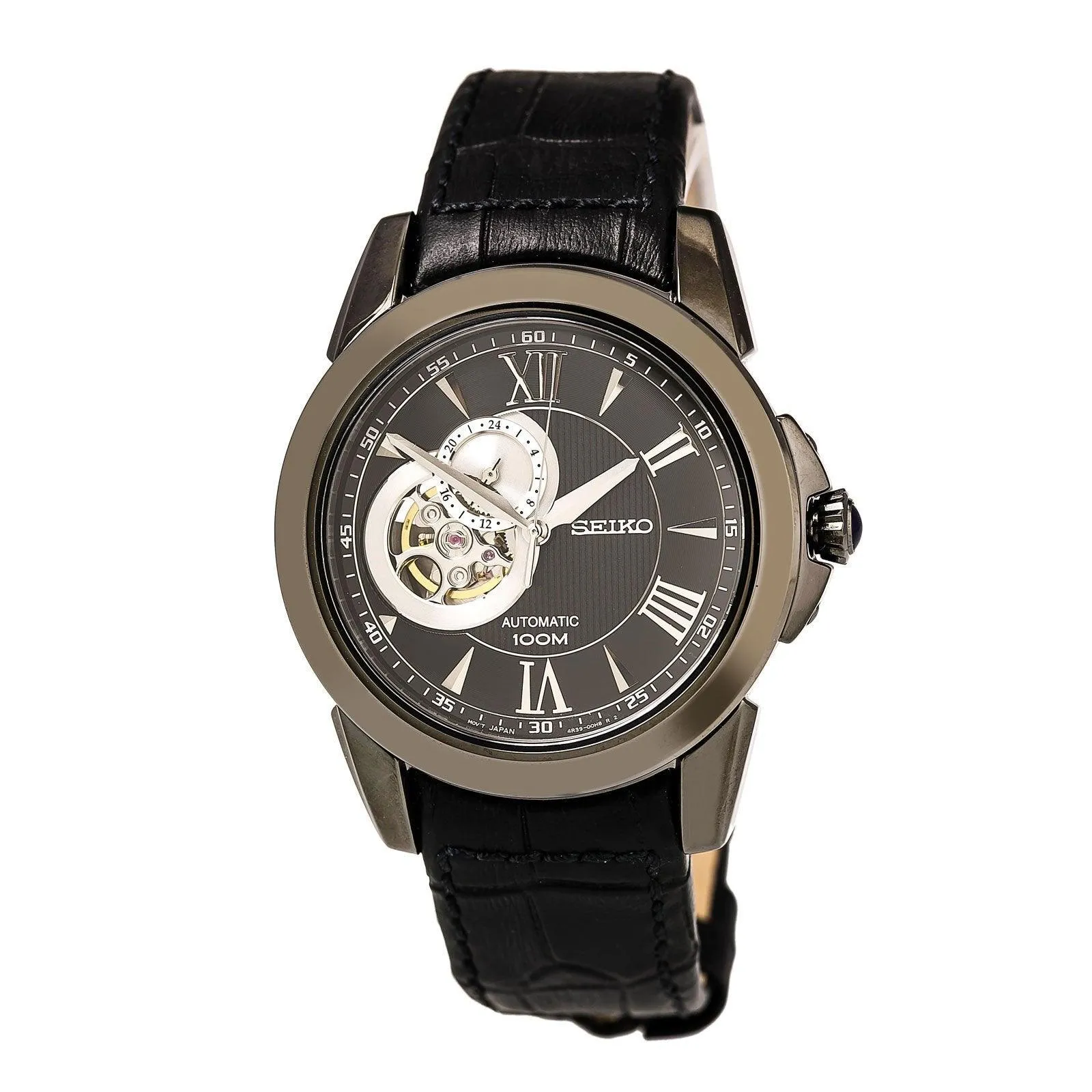 Seiko SSA243 Men's Le Grand Sport Black Semi-Skeleton Dial Black Leather Strap Power Reserve Automatic Watch