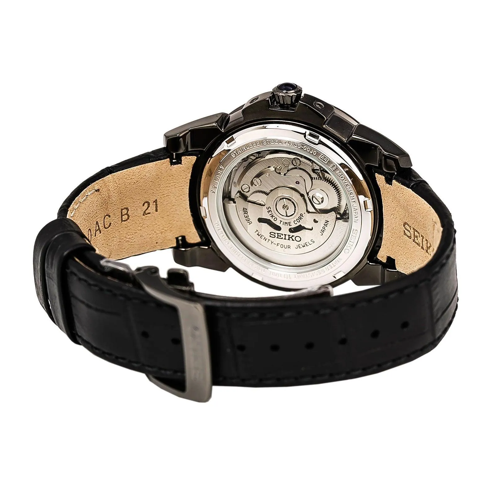 Seiko SSA243 Men's Le Grand Sport Black Semi-Skeleton Dial Black Leather Strap Power Reserve Automatic Watch