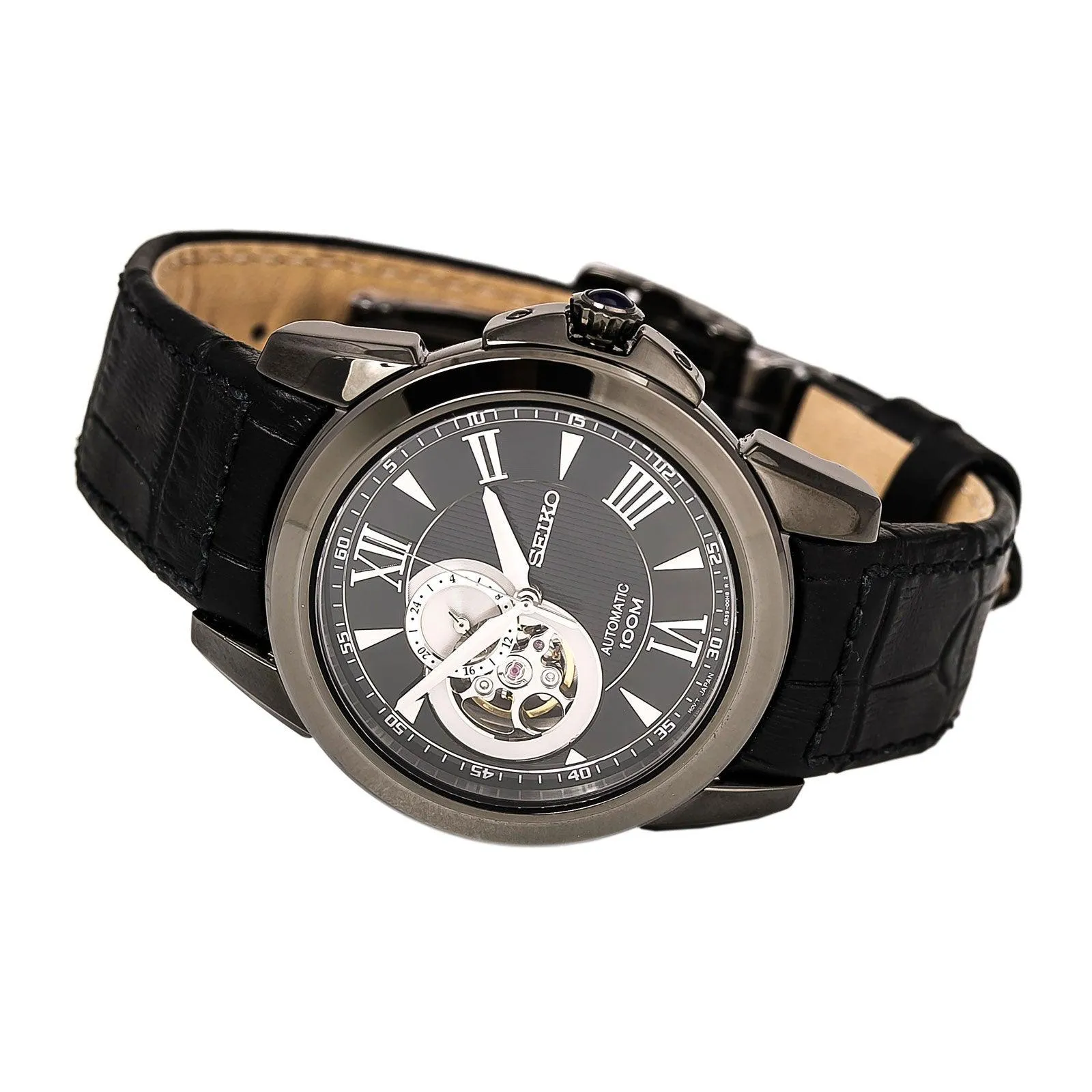 Seiko SSA243 Men's Le Grand Sport Black Semi-Skeleton Dial Black Leather Strap Power Reserve Automatic Watch