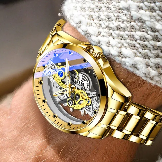 Skeleton See-Through Watch Mechanical Quartz Gold Silver