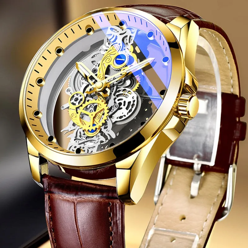 Skeleton See-Through Watch Mechanical Quartz Gold Silver