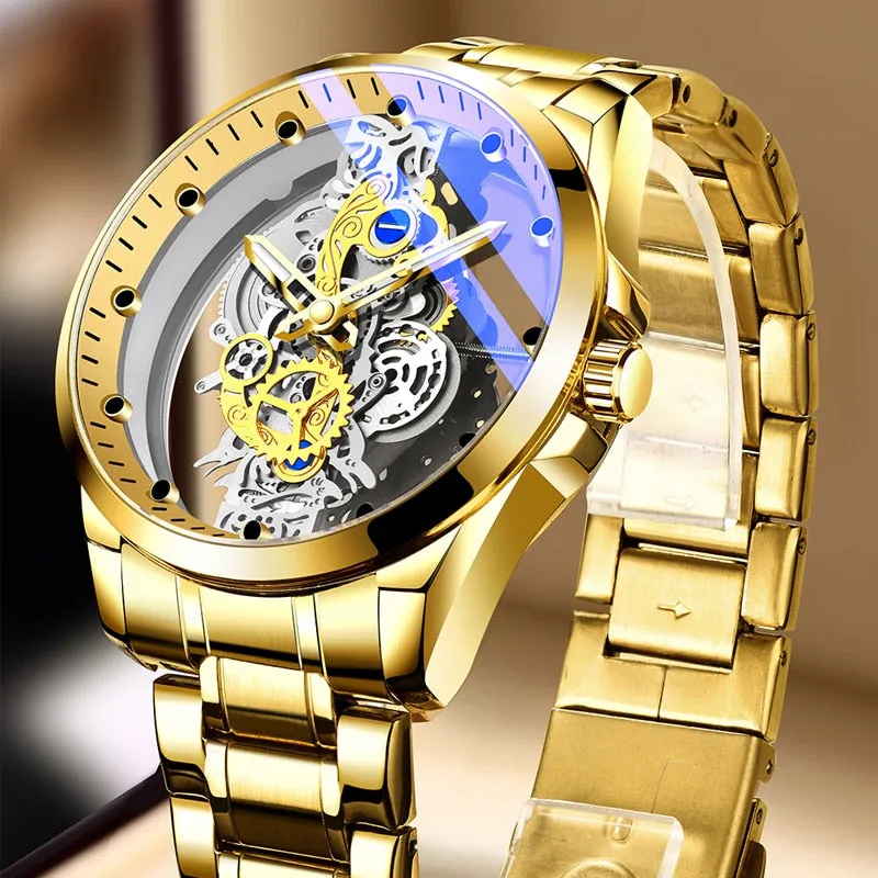 Skeleton See-Through Watch Mechanical Quartz Gold Silver