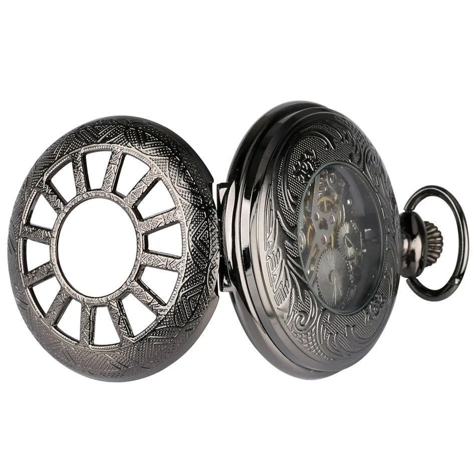 Steampunk Mechanical Half Hunter Pocket Watch - Black Wheel