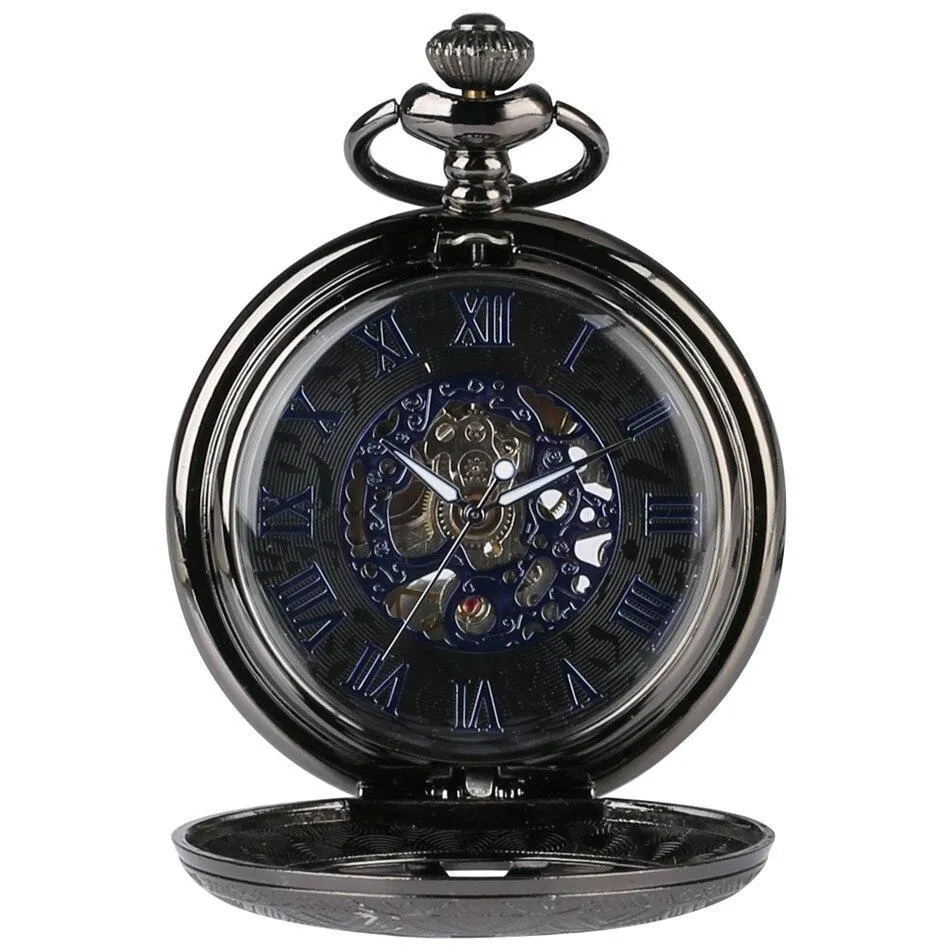 Steampunk Mechanical Half Hunter Pocket Watch - Black Wheel