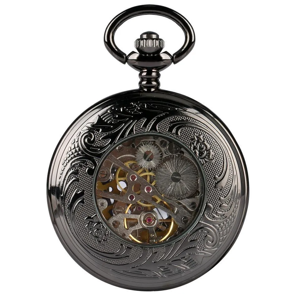 Steampunk Mechanical Half Hunter Pocket Watch - Black Wheel