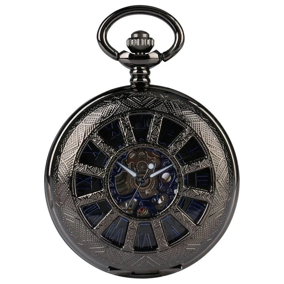 Steampunk Mechanical Half Hunter Pocket Watch - Black Wheel