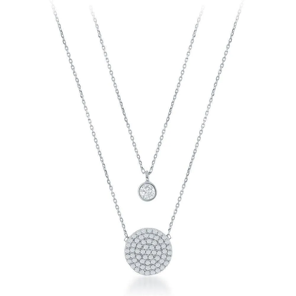 Sterling Silver Small CZ and CZ Disc Double Strand Necklace