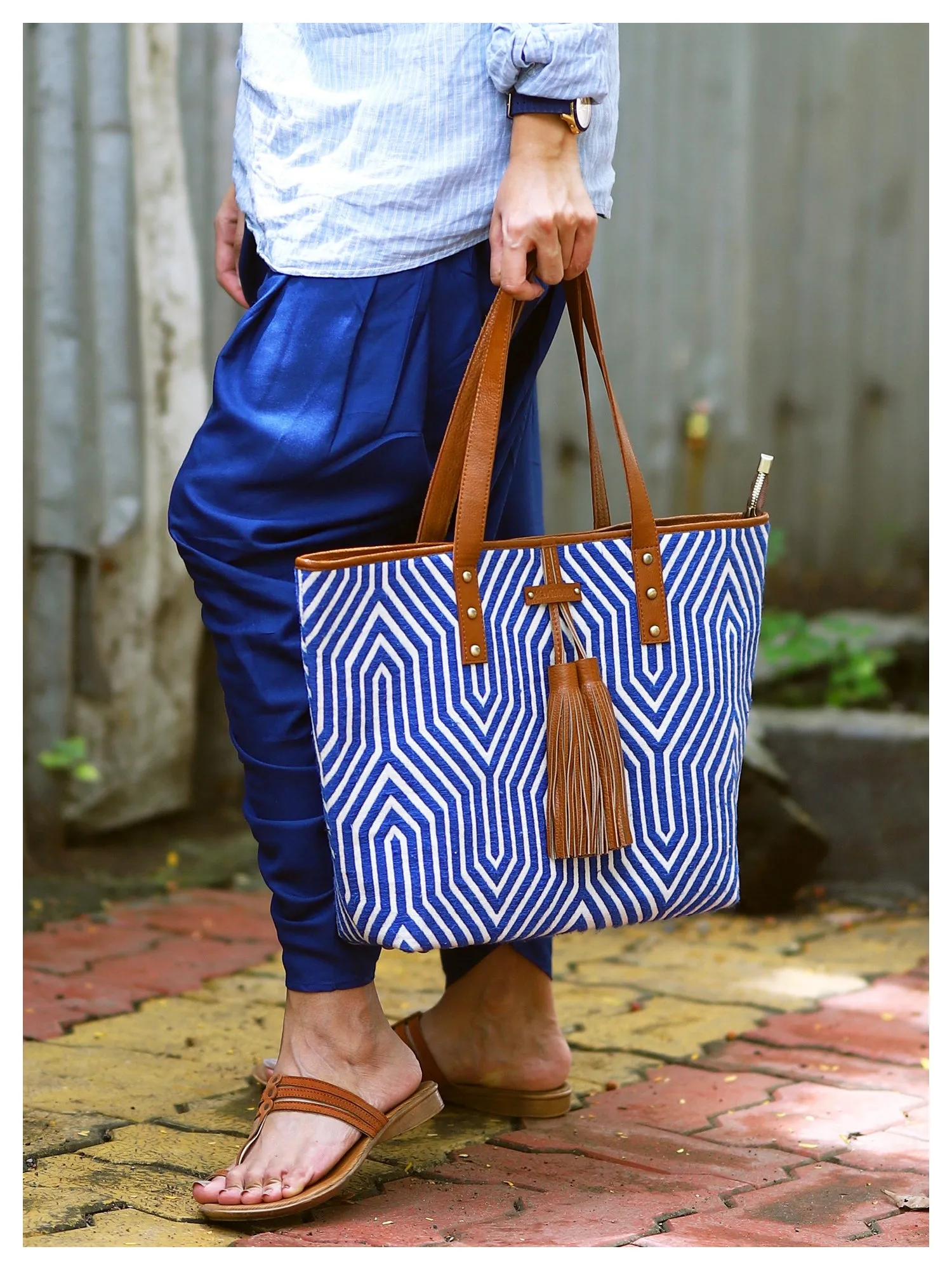 TARIFA Tassel Tote - Blue