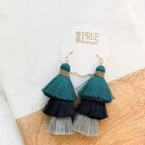 Teal Layered Tassel Earrings
