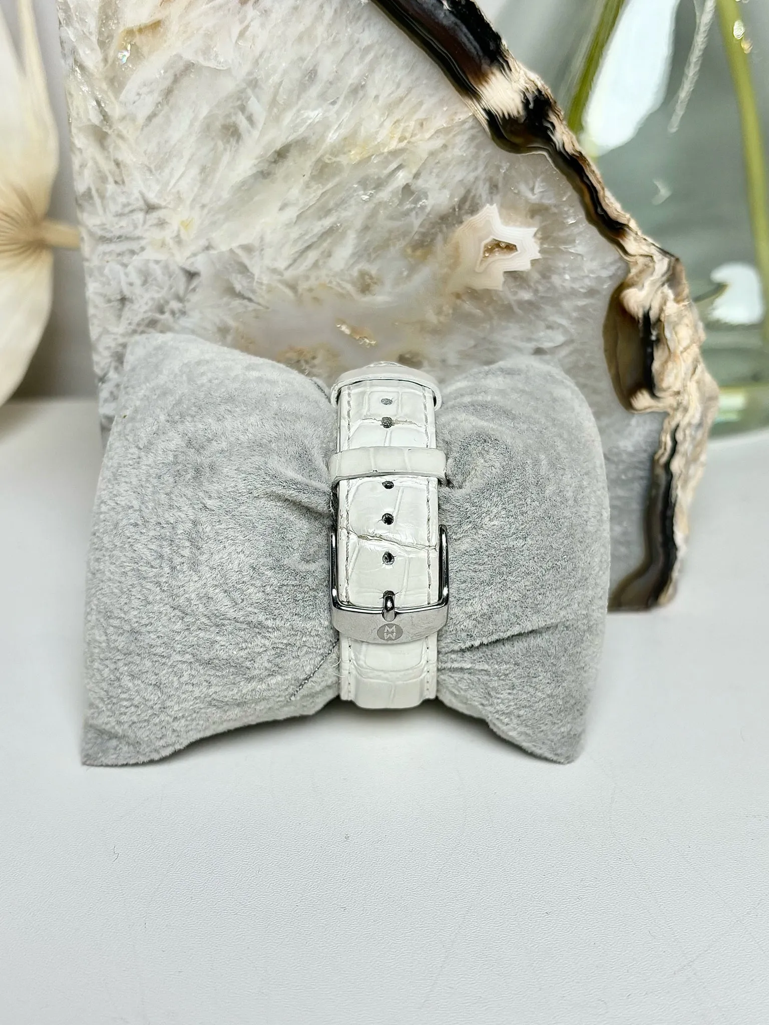 White Michele Watch Diamond White Croc Embossed Leather Watch