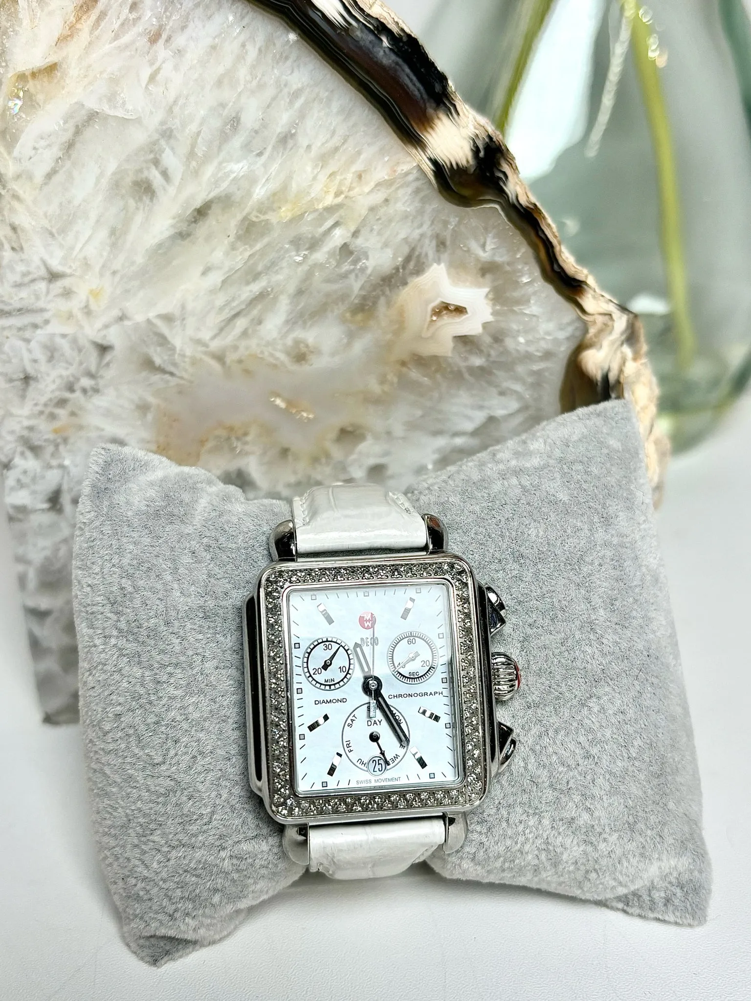White Michele Watch Diamond White Croc Embossed Leather Watch