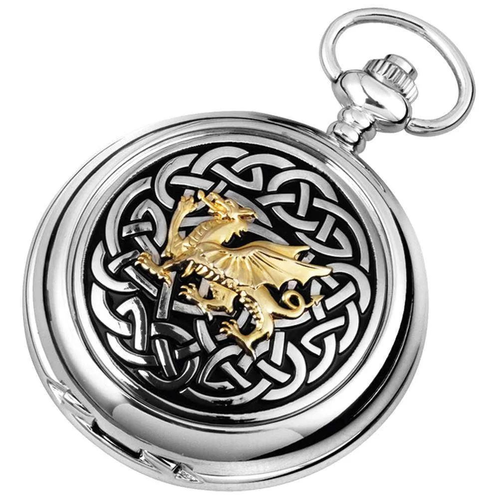 Woodford Celtic Dragon Chrome Plated Double Full Hunter Skeleton Pocket Watch - Silver/Gold/Black