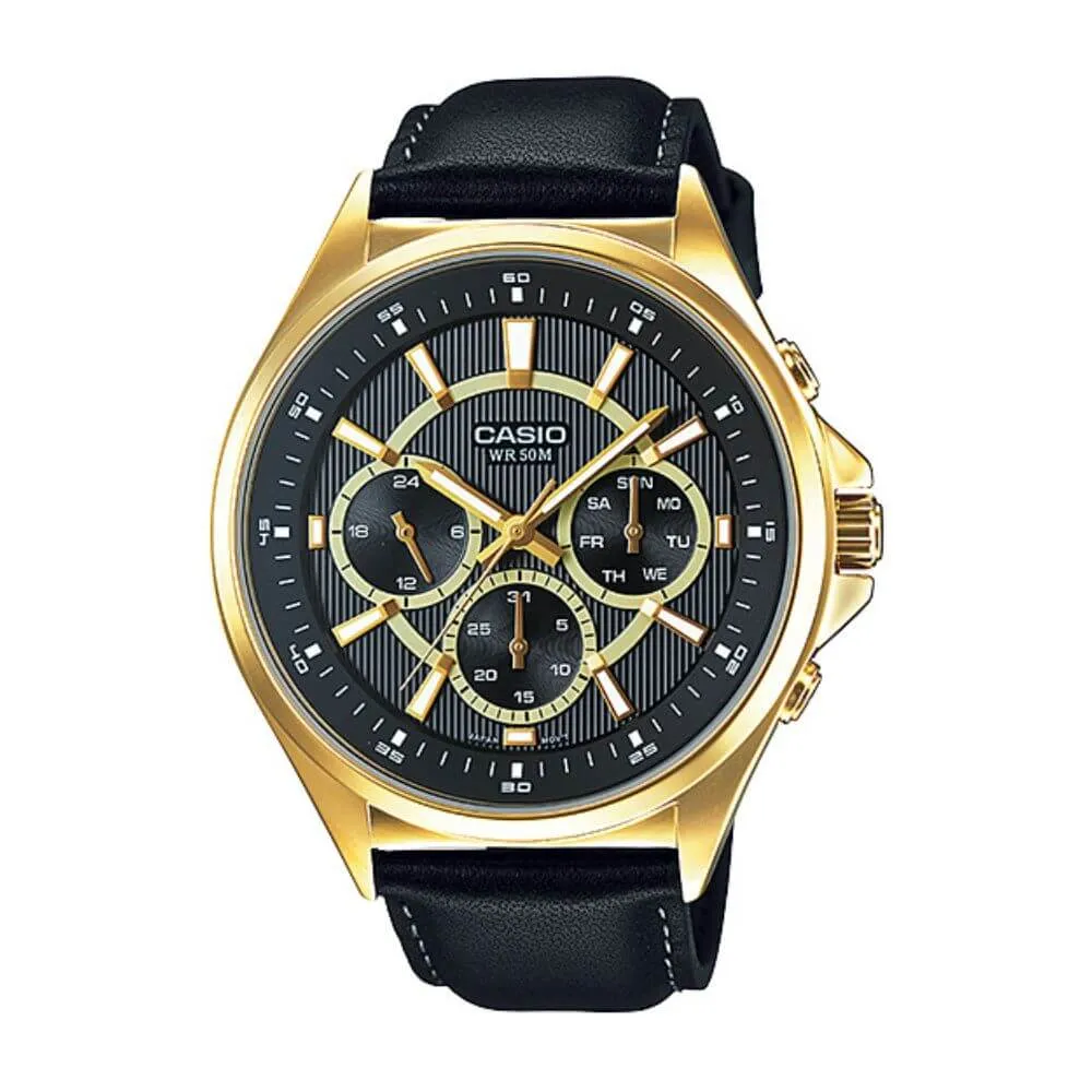 WW0594 Casio Enticer Multifunction Stainless Steel Golden Leather Belt Watch MTP-E303GL-1AVDF