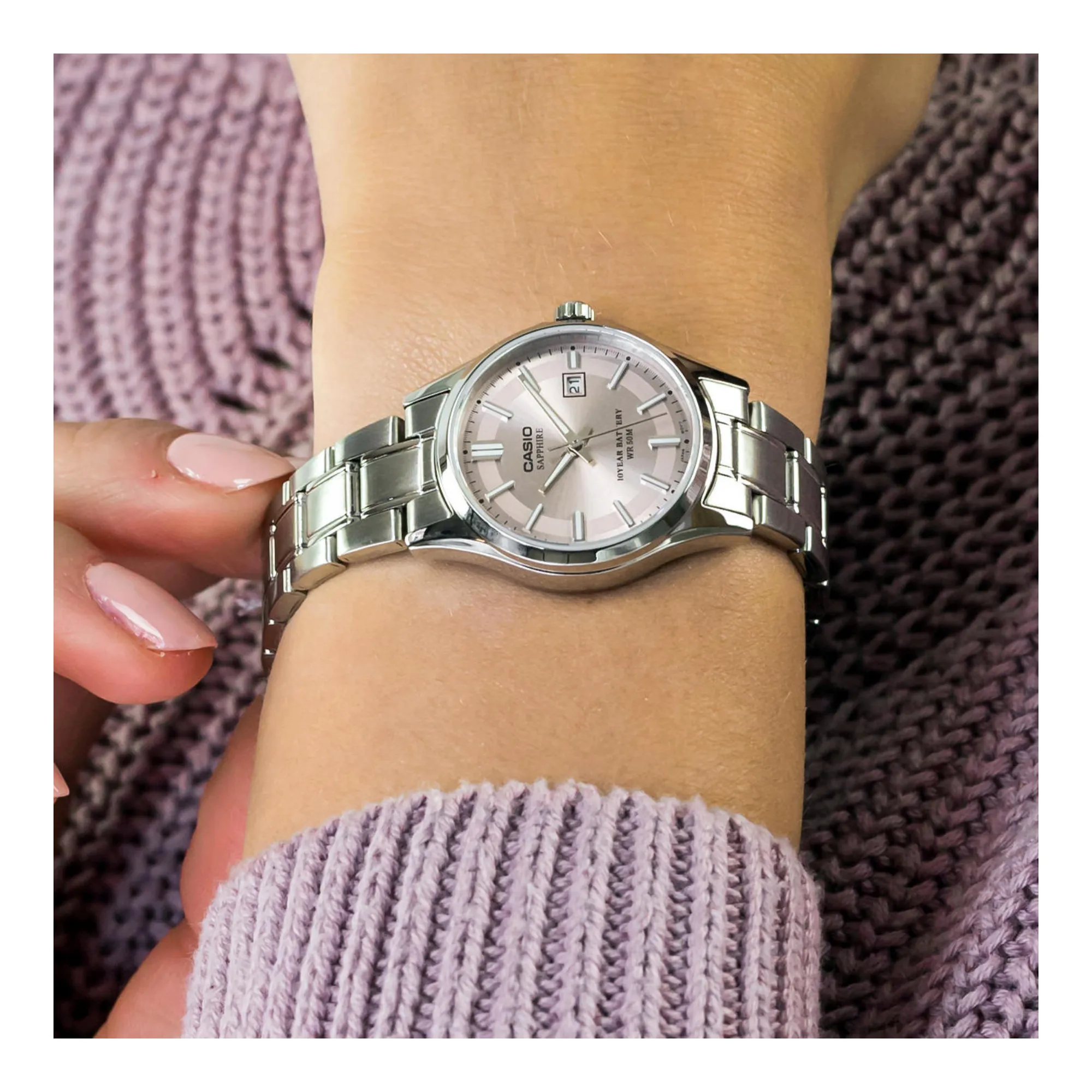 WW1466 Casio Enticer Ladies Sapphire Date Stainless Steel Chain Watch LTS-100D-4AVDF