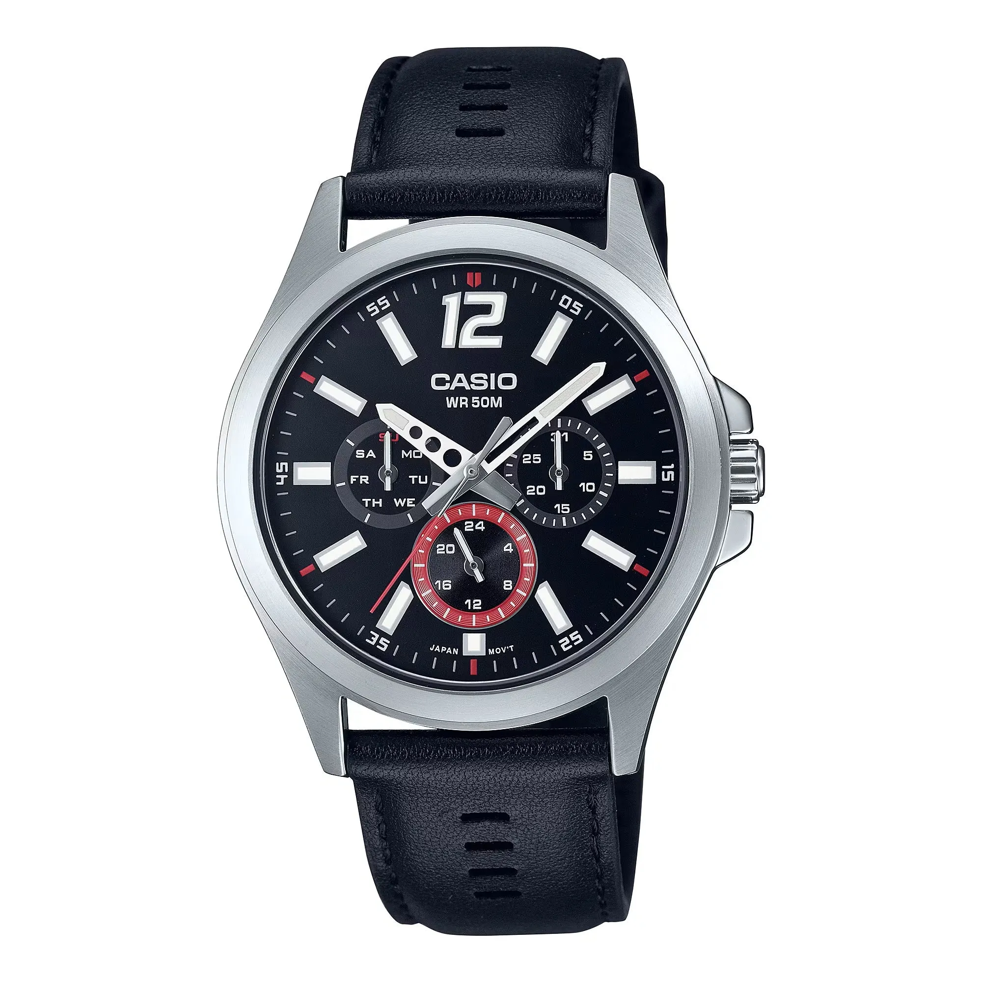 WW1956 Casio Standard Multifunction Stainless Steel Leather Belt Watch MTP-E350L-1BVDF
