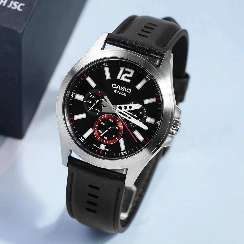 WW1956 Casio Standard Multifunction Stainless Steel Leather Belt Watch MTP-E350L-1BVDF